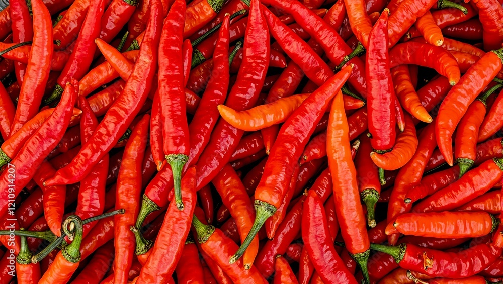Vibrant red chili peppers stacked with a green stem Vibrant red chili peppers stacked with a green stem