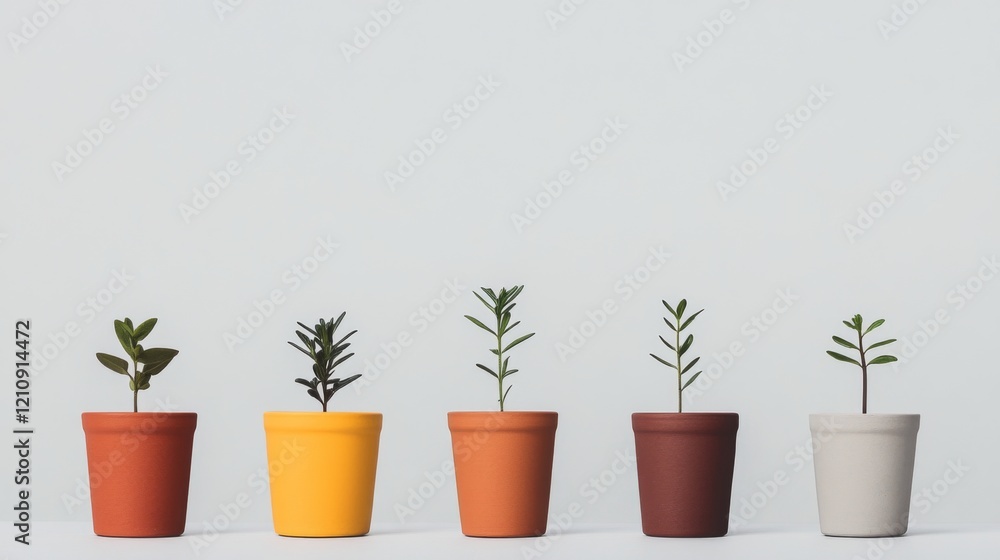Fototapeta premium Five small plants in colorful pots showing growth stages against a white background.