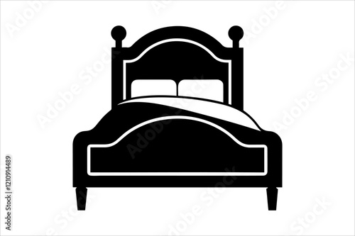 "Classic Wooden Bed Vector Illustration - Minimalist Black and White Design"
