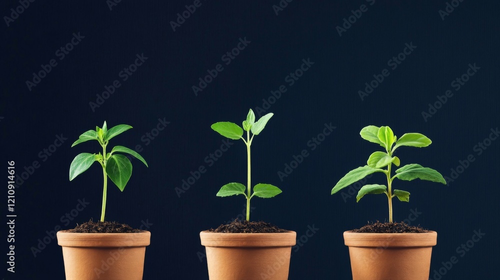 Fototapeta premium Four potted plants showing growth stages against dark background.