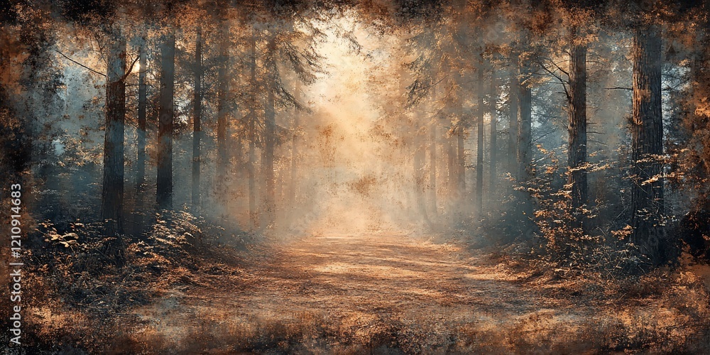 Misty forest path, autumn sunrise, nature background, fantasy Misty forest path, autumn sunrise, nature background, fantasy