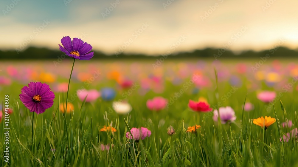 Obraz premium Field of Dreams: A vibrant field bursts with color, a symphony of blooming wildflowers painted across a verdant canvas. The sun bathes the scene in a warm glow.