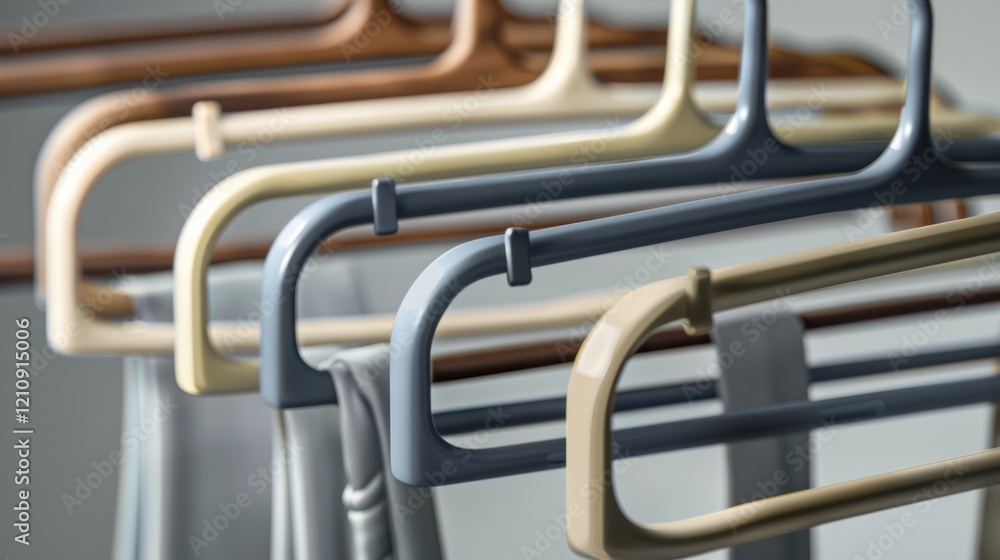 An assortment of simple, modern coat hangers, made of wood and metal, hanging neatly on a rack, with natural light highlighting their minimalist design. An assortment of simple, modern coat hangers, made of wood and metal, hanging neatly on a rack, with natural light highlighting their minimalist design.