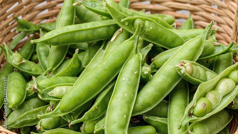 Fresh green peas in translucent pods nestled in a wicker basket Fresh green peas in translucent pods nestled in a wicker basket