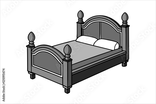 "Classic Wooden Bed Vector Illustration - Minimalist Black and White Design"