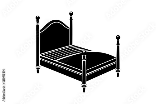 "Classic Wooden Bed Vector Illustration - Minimalist Black and White Design"