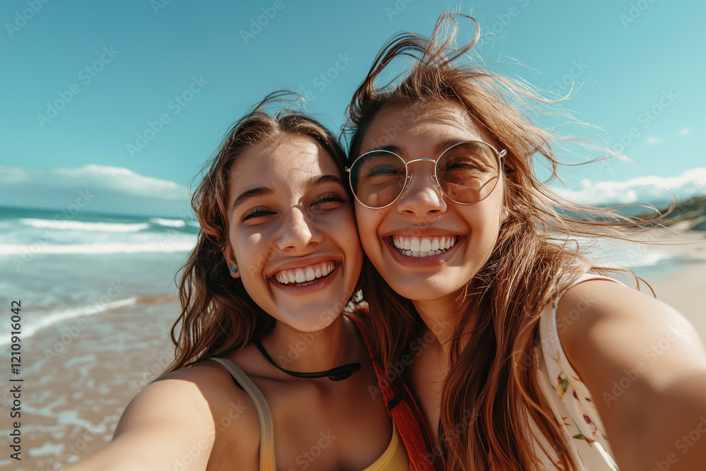 Two women smiling and posing for a picture on a beach Two women smiling and posing for a picture on a beach