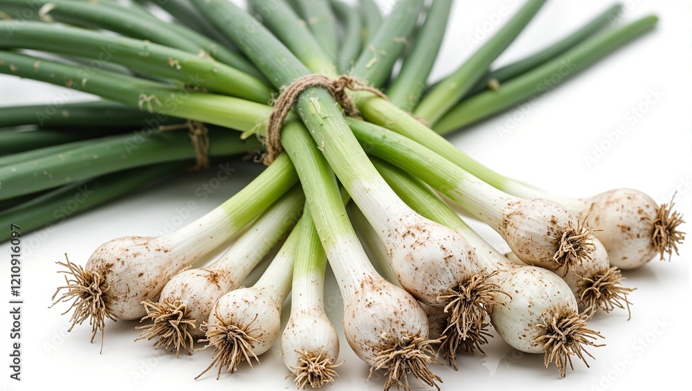 Fototapeta premium Fresh scallions tied with twine roots dusty bulbs glistening