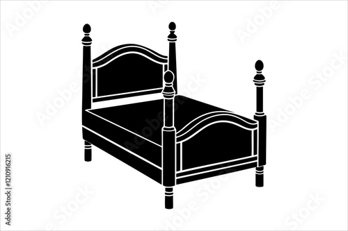 "Classic Wooden Bed Vector Illustration - Minimalist Black and White Design"