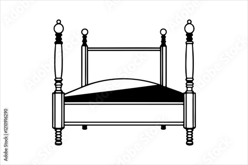 "Classic Wooden Bed Vector Illustration - Minimalist Black and White Design"