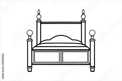 "Classic Wooden Bed Vector Illustration - Minimalist Black and White Design"