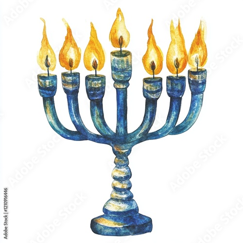 A beautifully crafted watercolor menorah stands against a white background, featuring intricate details and vibrant flames that bring warmth and color to the design photo