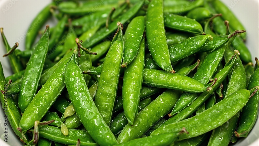 Freshly washed snap peas with water droplets vibrant and translucent revealing round peas within Freshly washed snap peas with water droplets vibrant and translucent revealing round peas within