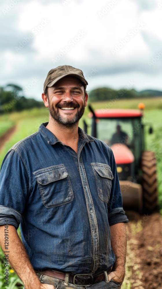 farmer smiling at the camera WITH A TRACTOR BACKGROUND with copy space vertically 9:16 farmer smiling at the camera WITH A TRACTOR BACKGROUND with copy space vertically 9:16
