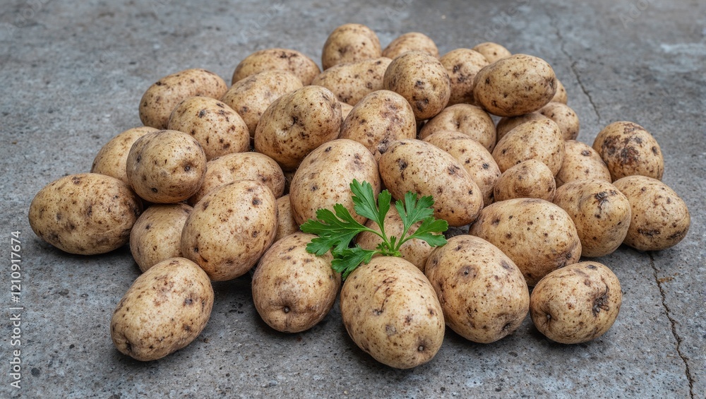 Fresh russet potatoes with parsley on concrete Fresh russet potatoes with parsley on concrete