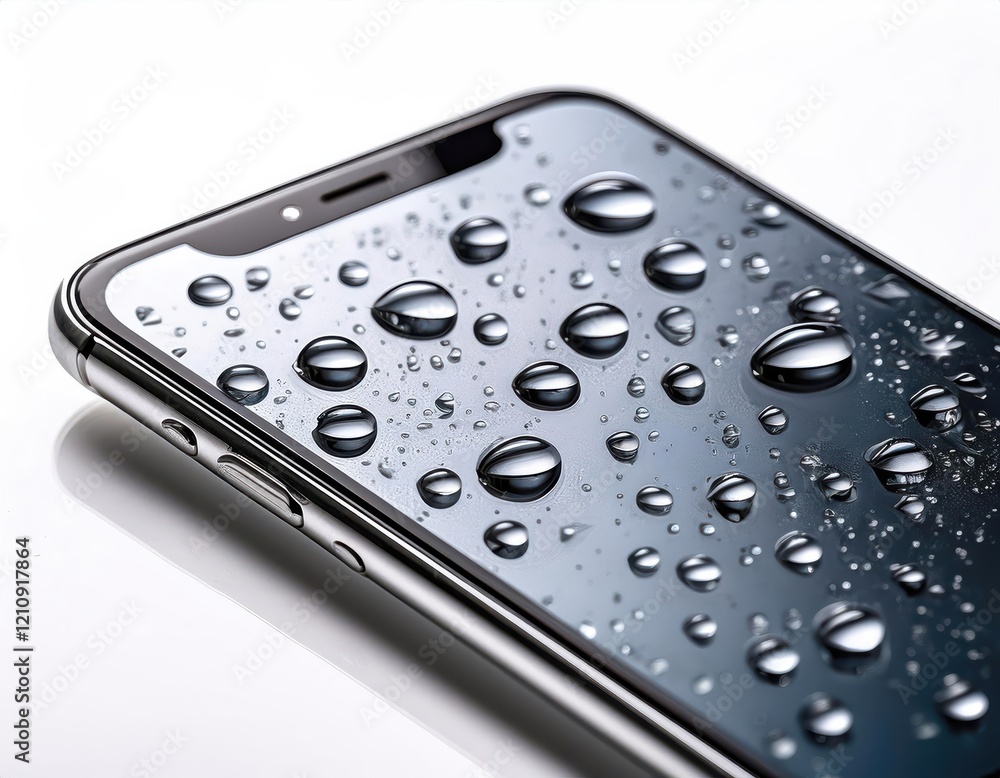 Waterproof smartphone with water droplets on reflective screen Waterproof smartphone with water droplets on reflective screen