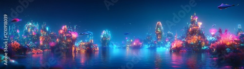 Frontal view of a vibrant bioluminescent city submerged underwater photo