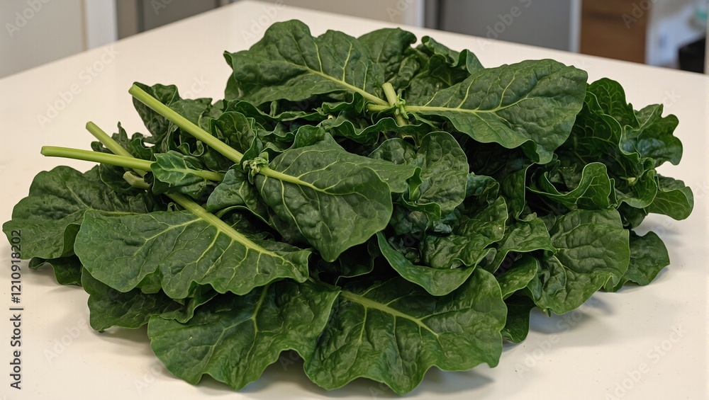 Fresh collard leaves neatly arranged on kitchen counter