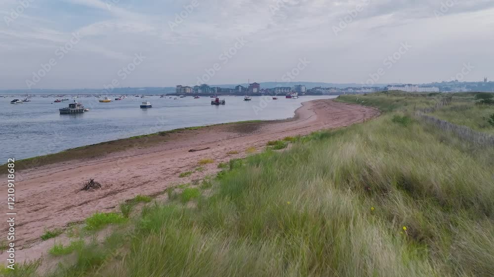 Exmouth and River Exe from a drone, Dawlish Warren, Devon, England, Europe Exmouth and River Exe from a drone, Dawlish Warren, Devon, England, Europe