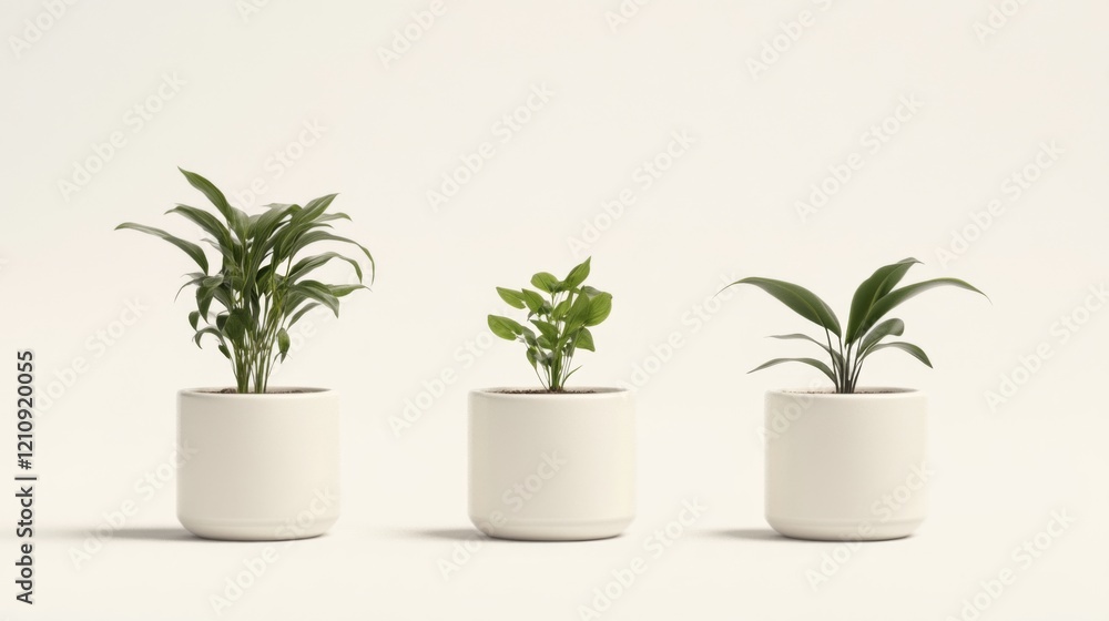 Three potted plants in white containers on white background. Three potted plants in white containers on white background.