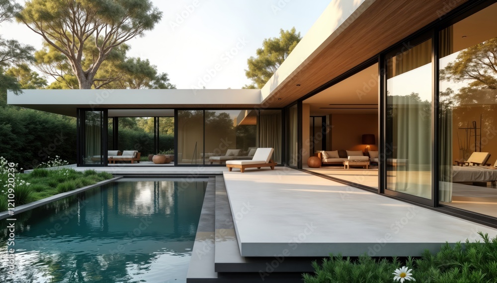 Fototapeta premium Modern house exterior with large window wall opening to outdoor patio, swimming pool. Rich landscaping surrounds minimalist design building. Patio furniture, relaxing environment evoke calmness.