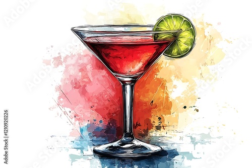 Cosmopolitan Cocktail Art Print Vibrant Red Drink Illustration photo