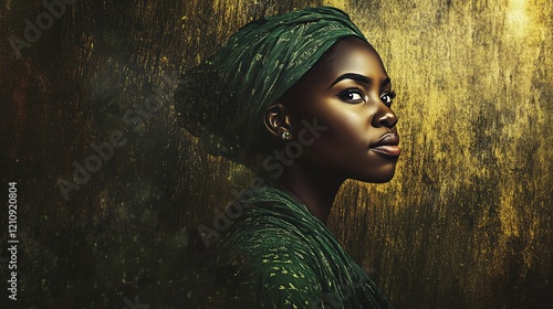 Painting of an african woman green yellow black and brown