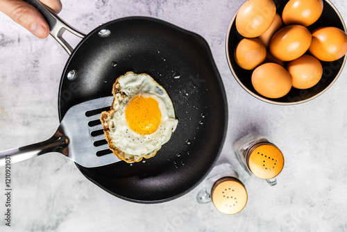 A cooked sunny-side-up egg being lifted with a spatula in a nonstick pan, with a bowl of eggs and salt and pepper shakers in the background.