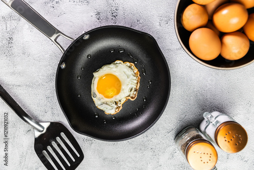 A sunny-side-up egg in a nonstick pan on a textured surface, surrounded by a spatula, bowl of eggs, and salt and pepper shakers for a classic breakfast vibe.