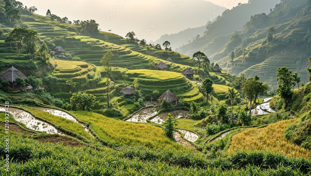 Fototapeta premium Vibrant green rice terrace with flooded paddies and thatched huts at dawn