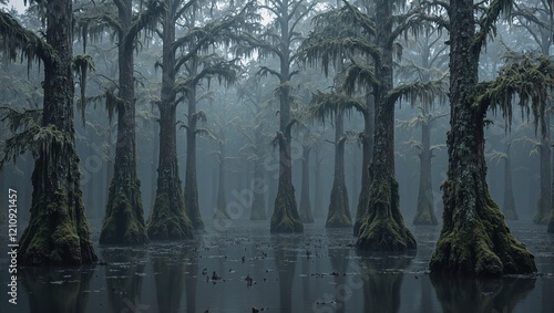 Eerie swamp with cypress trees grey moss and murky waters. photo