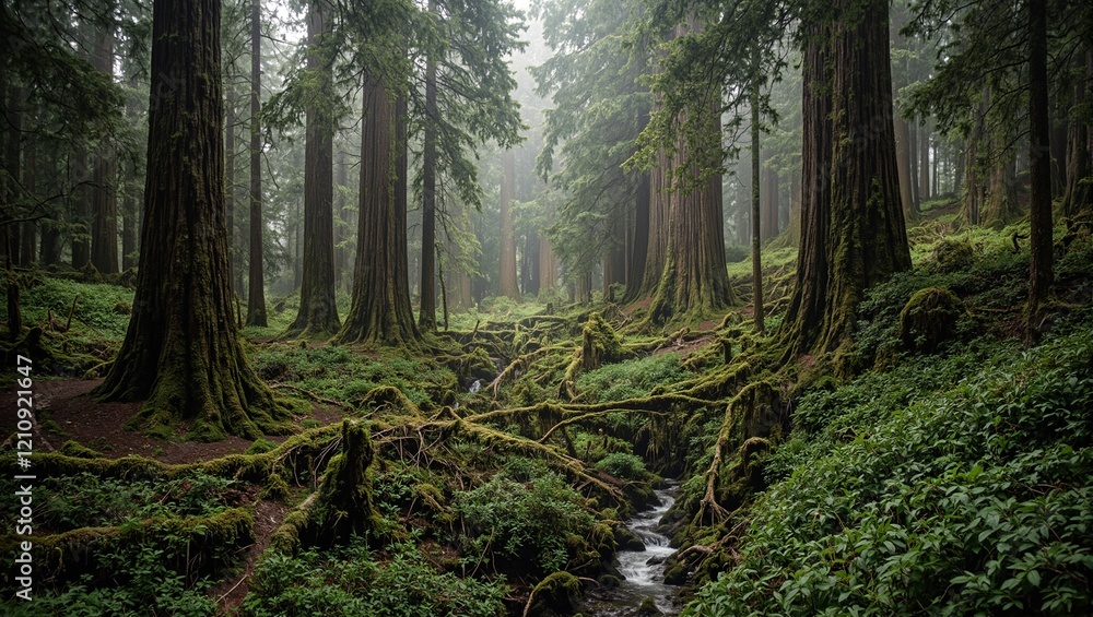 Obraz premium Enchanted temperate rainforest with towering redwoods and moss covered trunks streams flowing below