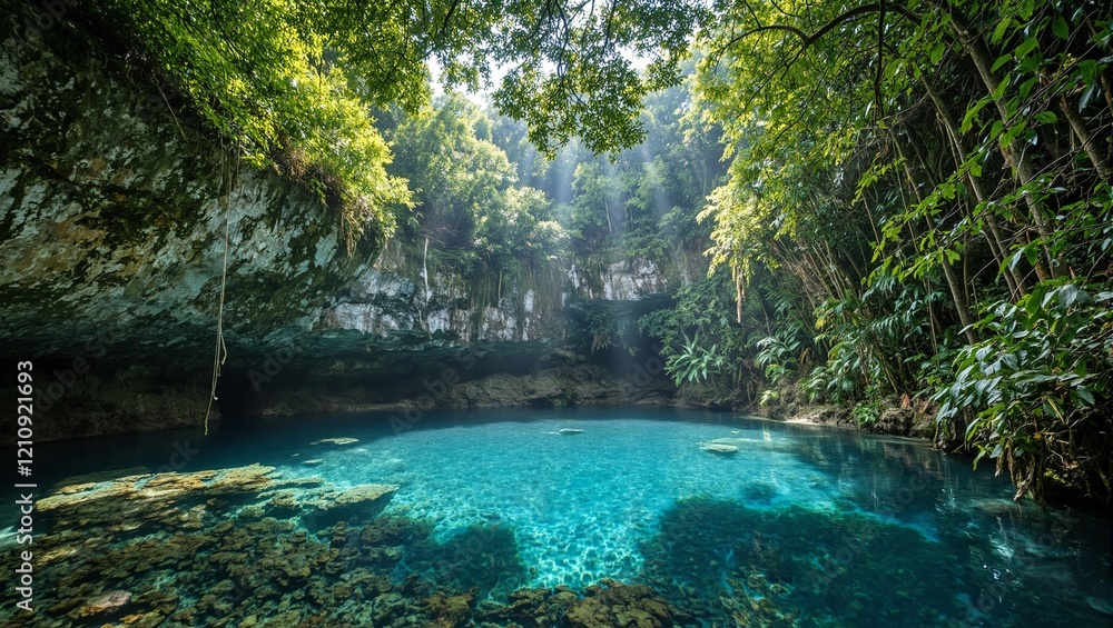 Naklejka premium Lush jungle cenote with turquoise water and sunlight filtering through canopy