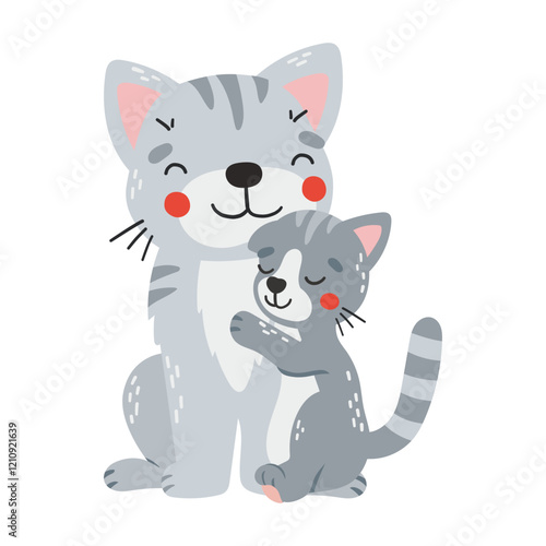 Cat mom and baby, cartoon style, mothers day illustration, cute animal