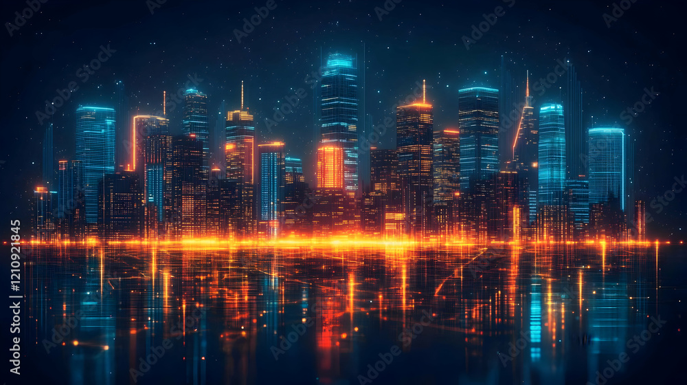 Obraz premium Vibrant City Skyline at Night with Glowing Reflections on Water