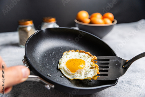 Vászonkép A cooked sunny-side-up egg being lifted with a spatula in a nonstick pan, with a bowl of eggs and salt and pepper shakers in the background