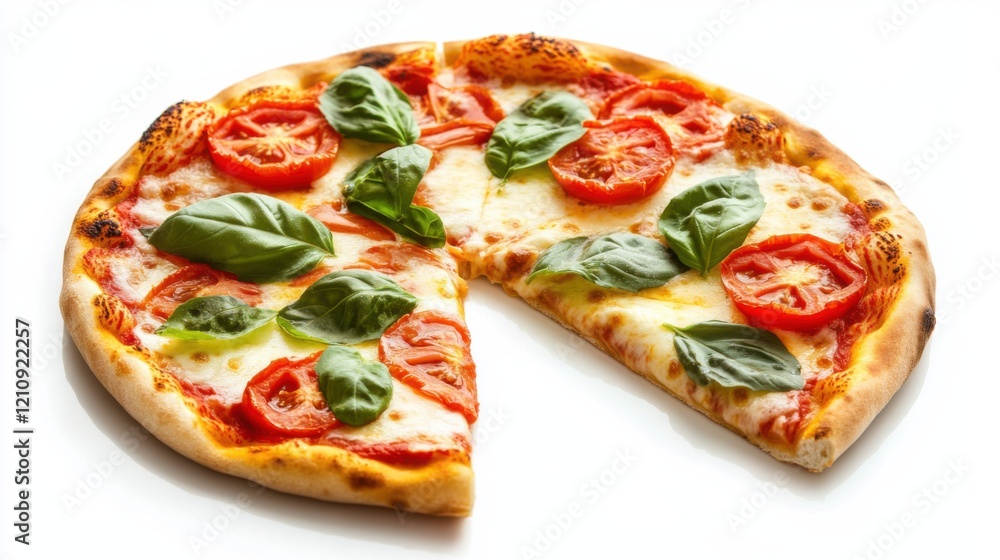 A mouthwatering pizza topped with gooey cheese, fresh tomatoes, and aromatic basil leaves A mouthwatering pizza topped with gooey cheese, fresh tomatoes, and aromatic basil leaves