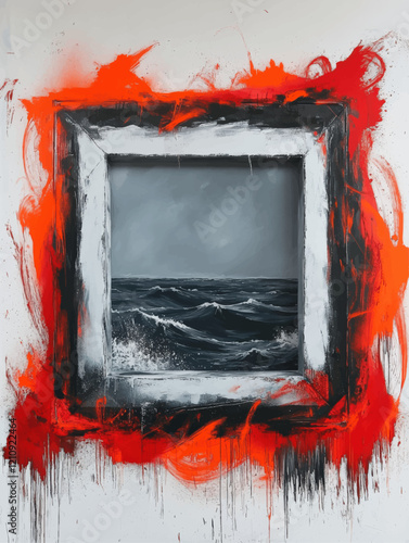 Abstract painting with stormy ocean waves framed by fiery red and black brushstrokes on a white canvas, symbolizing nature's raw power