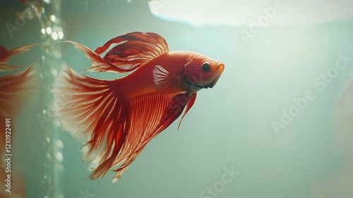 A close-up shot of a brightly colored betta fish in a clear glass tank, photorealistic aquarium scene
 photo