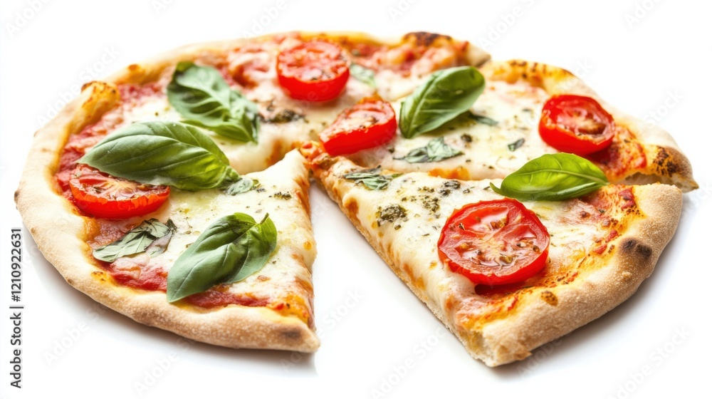 A mouthwatering pizza topped with gooey cheese, fresh tomatoes, and aromatic basil leaves A mouthwatering pizza topped with gooey cheese, fresh tomatoes, and aromatic basil leaves