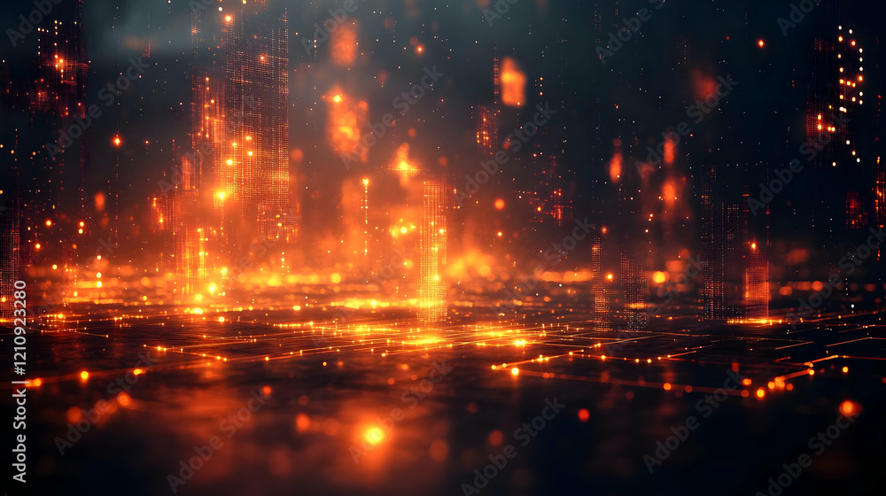 Naklejka premium Fiery Cityscape at Night: Abstract Burning City with Glowing Embers and Sparks