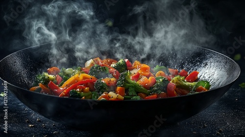 Vibrant vegetable stir-fry with colorful peppers, broccoli, and carrots in a hot wok, photorealistic
