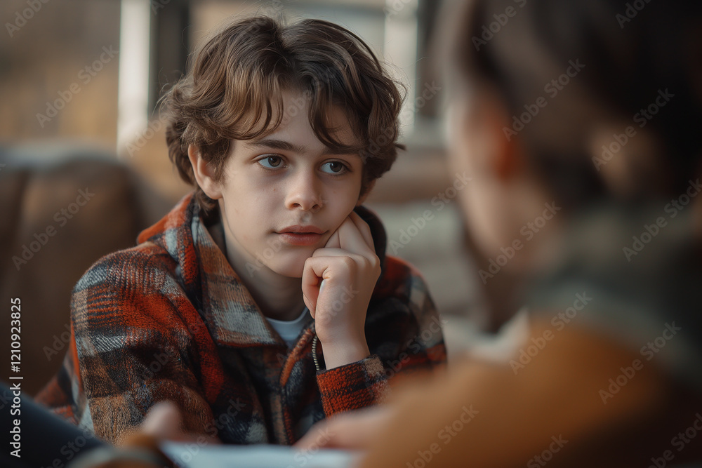 A boy is sitting on a couch with his head on his hand A boy is sitting on a couch with his head on his hand