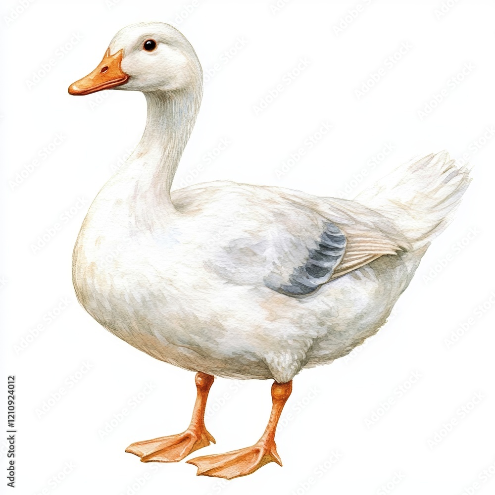 Detailed watercolor of a Peking Duck standing alone against a white backdrop, emphasizing its unique features and soft texture Detailed watercolor of a Peking Duck standing alone against a white backdrop, emphasizing its unique features and soft texture