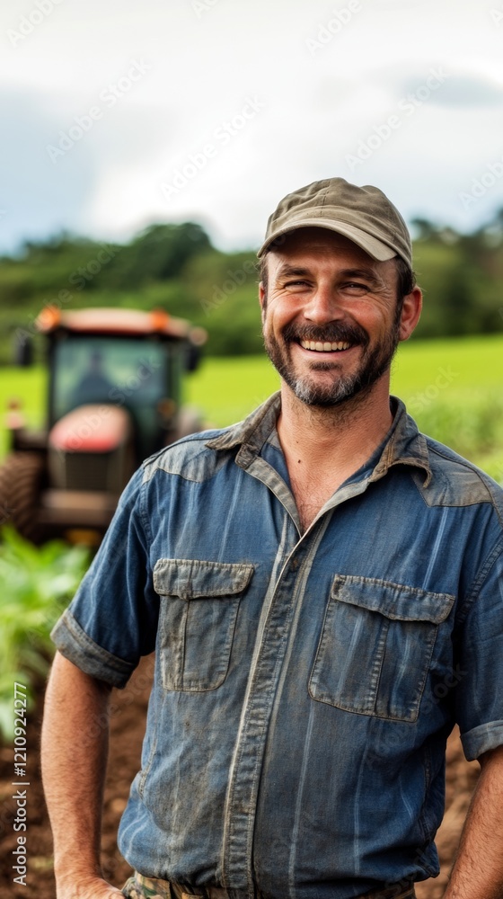 farmer smiling at the camera WITH A TRACTOR BACKGROUND with copy space vertically 9:16 farmer smiling at the camera WITH A TRACTOR BACKGROUND with copy space vertically 9:16