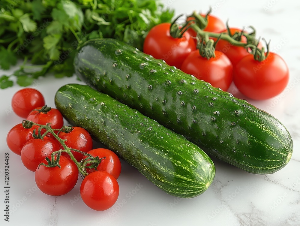 Fresh cucumbers and cherry tomatoes with cilantro on a marble surface. Fresh cucumbers and cherry tomatoes with cilantro on a marble surface.