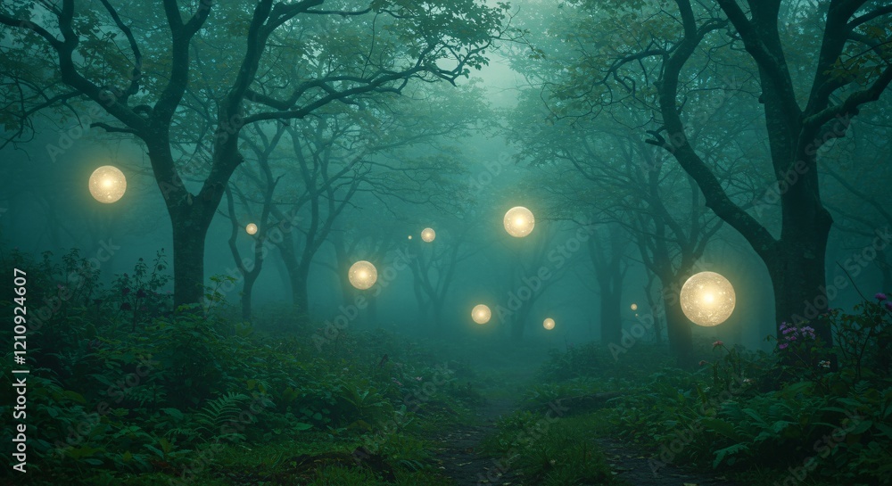 Fototapeta premium A mystical forest illuminated by floating orbs of light in the mist (안개 속에서 떠다니는 빛의 구체로 밝혀진 신비로운 숲)
