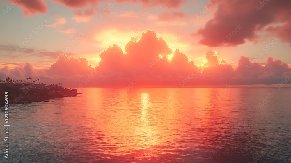 Naklejka premium Vibrant Sunset Over Coastal Houses And Ocean