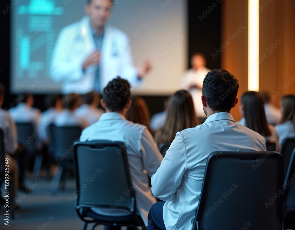 Medical professionals attend seminar at convention center. Doctor presents information to group of attentive medical team members. Attendees in uniform learning in large hall. Focus on education in