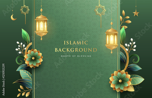 Elegant Ramadan Kareem design on green Islamic pattern background with gold ornament star, moon, flowers and lanterns. Raya and ramadan template design for poster, flyer, banner and greeting cards. photo